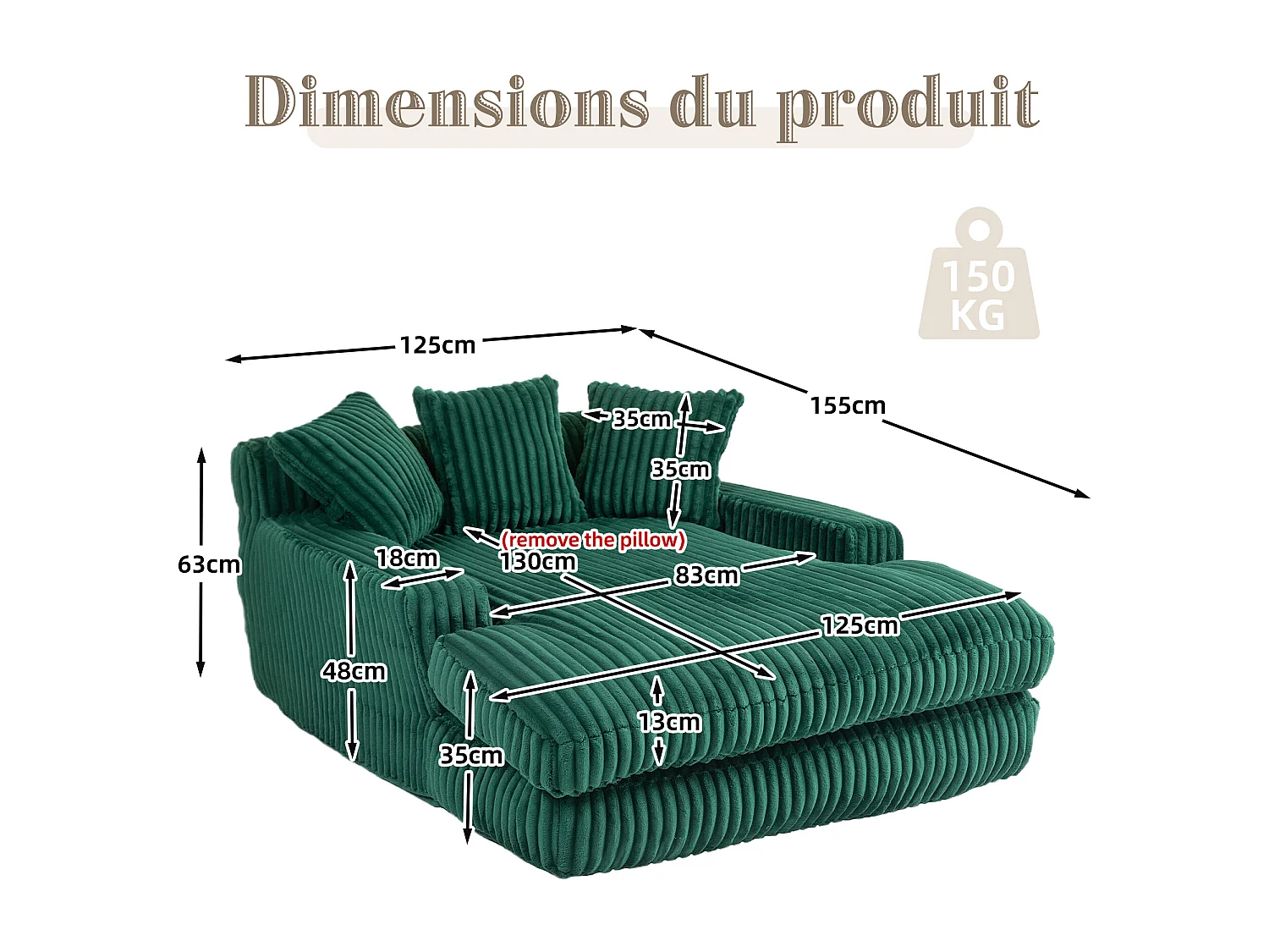 2-zits corduroy bank – dubbellaags & ultra-lage zitting – met 3 kussens – ideaal voor de woonkamer - 125x155x63cm