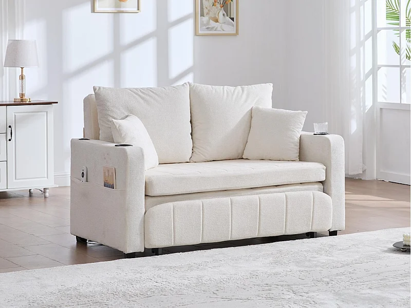 Canapé convertible 2 places en chenille beige - Canapé-lit avec accoudoirs porte-gobelets - port USB intégré - Idéal pour petit espace ou bureau