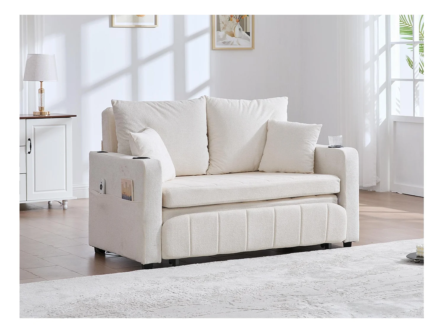 Canapé convertible 2 places en chenille beige - Canapé-lit avec accoudoirs porte-gobelets - port USB intégré - Idéal pour petit espace ou bureau