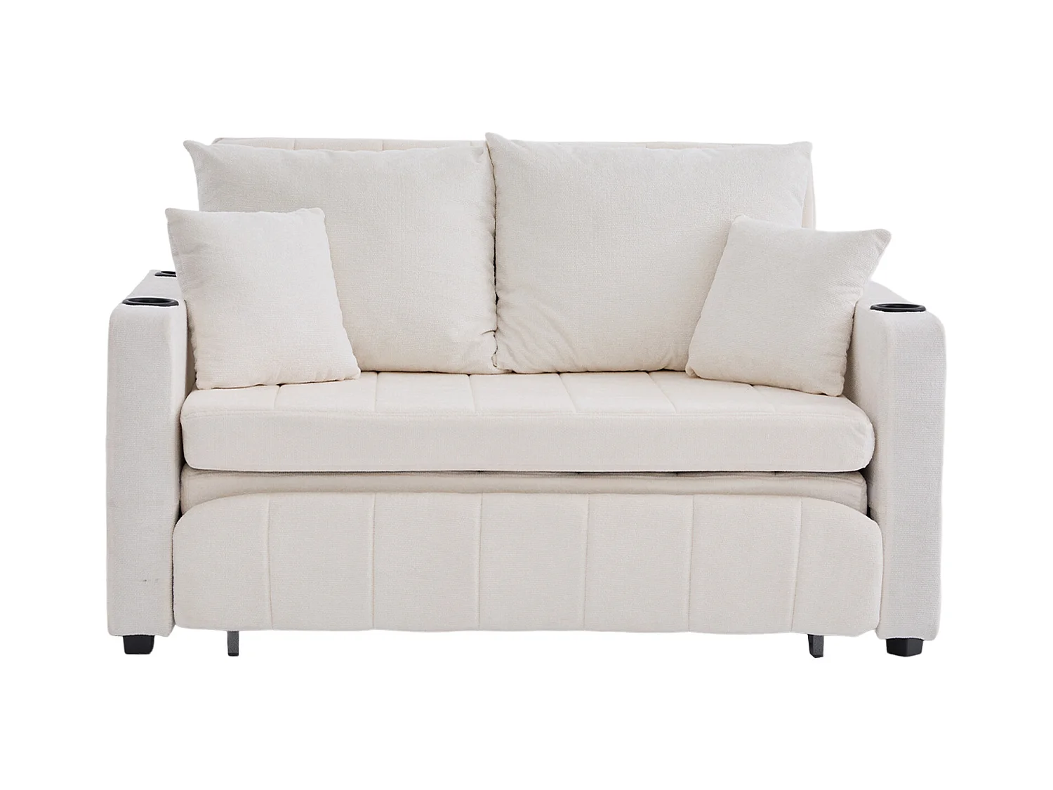 Canapé convertible 2 places en chenille beige - Canapé-lit avec accoudoirs porte-gobelets - port USB intégré - Idéal pour petit espace ou bureau