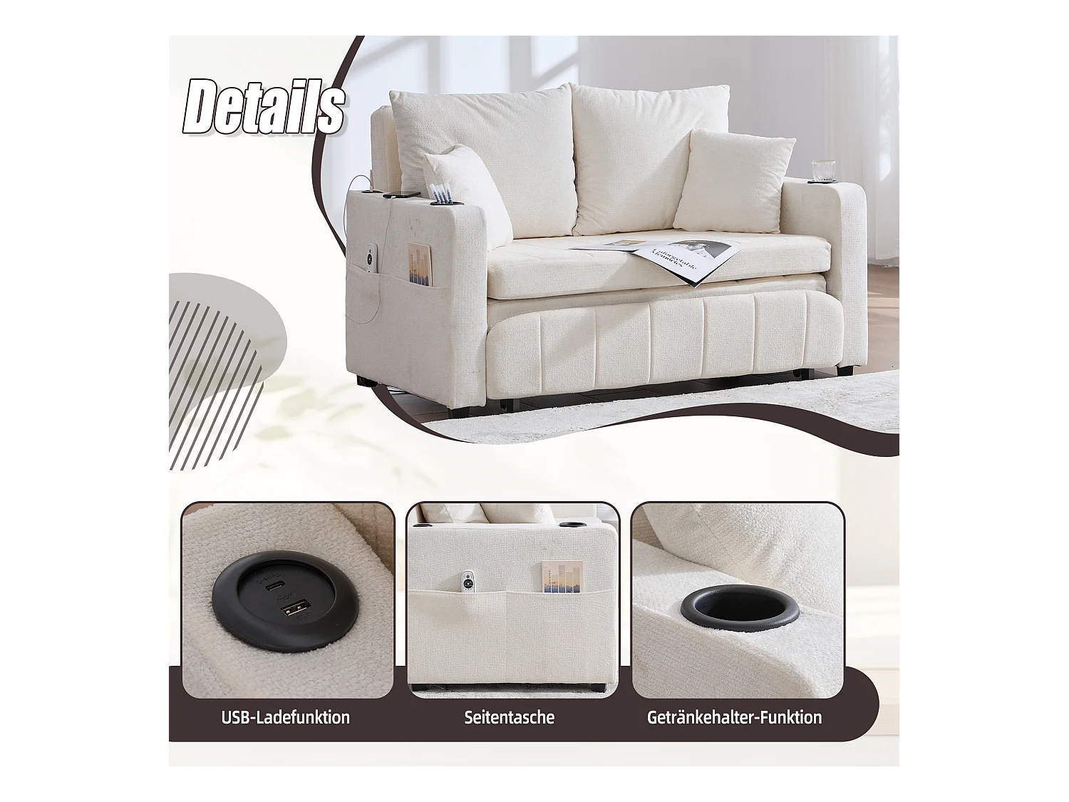 Canapé convertible 2 places en chenille beige - Canapé-lit avec accoudoirs porte-gobelets - port USB intégré - Idéal pour petit espace ou bureau