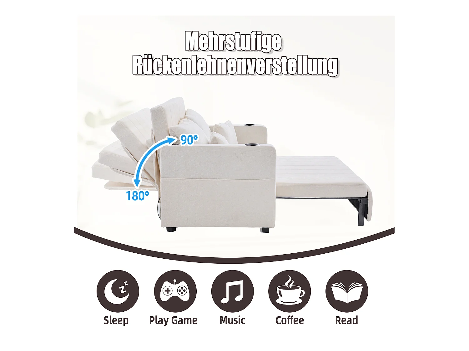 Canapé convertible 2 places en chenille beige - Canapé-lit avec accoudoirs porte-gobelets - port USB intégré - Idéal pour petit espace ou bureau