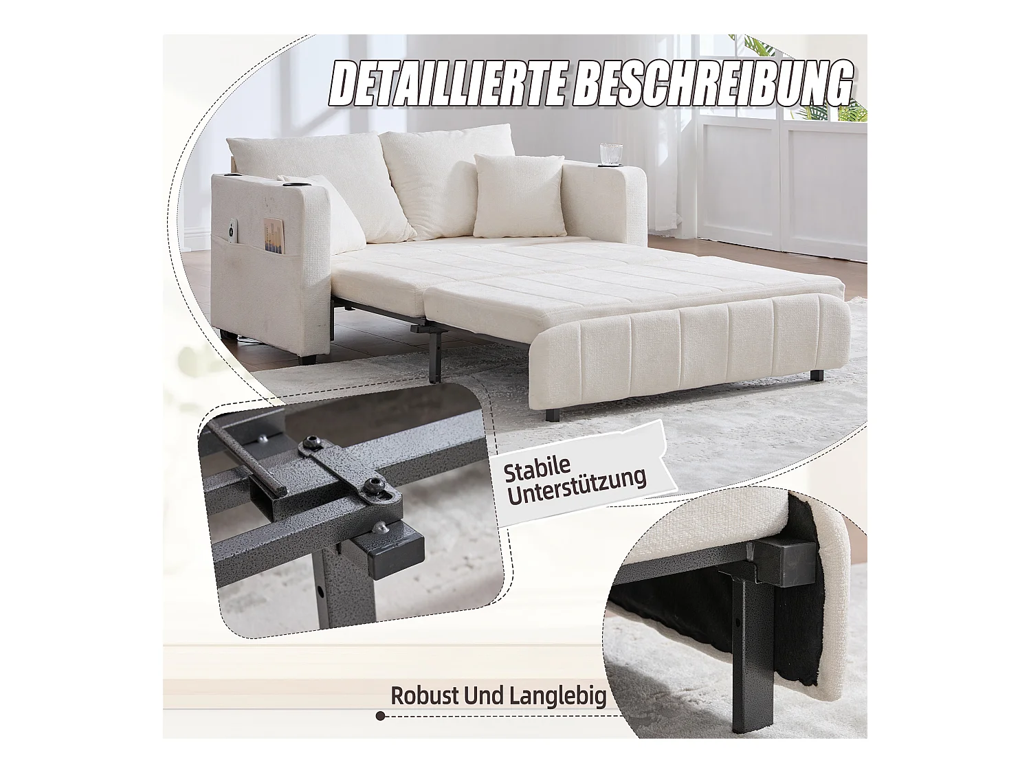 Canapé convertible 2 places en chenille beige - Canapé-lit avec accoudoirs porte-gobelets - port USB intégré - Idéal pour petit espace ou bureau