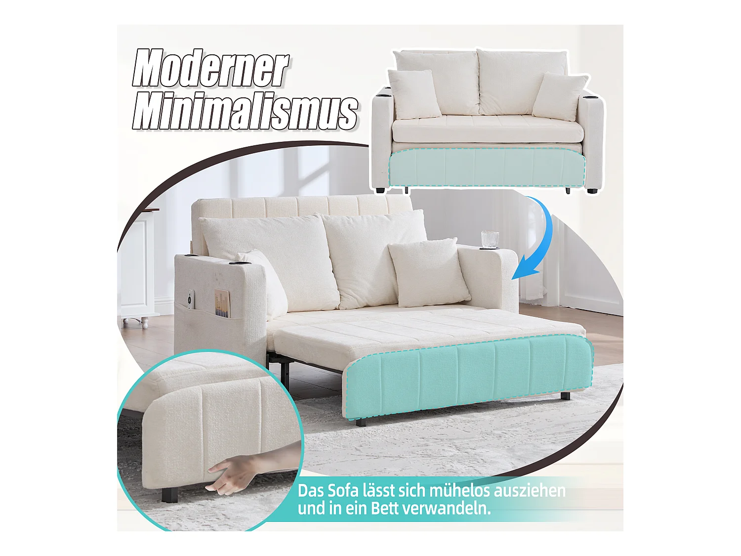 Canapé convertible 2 places en chenille beige - Canapé-lit avec accoudoirs porte-gobelets - port USB intégré - Idéal pour petit espace ou bureau