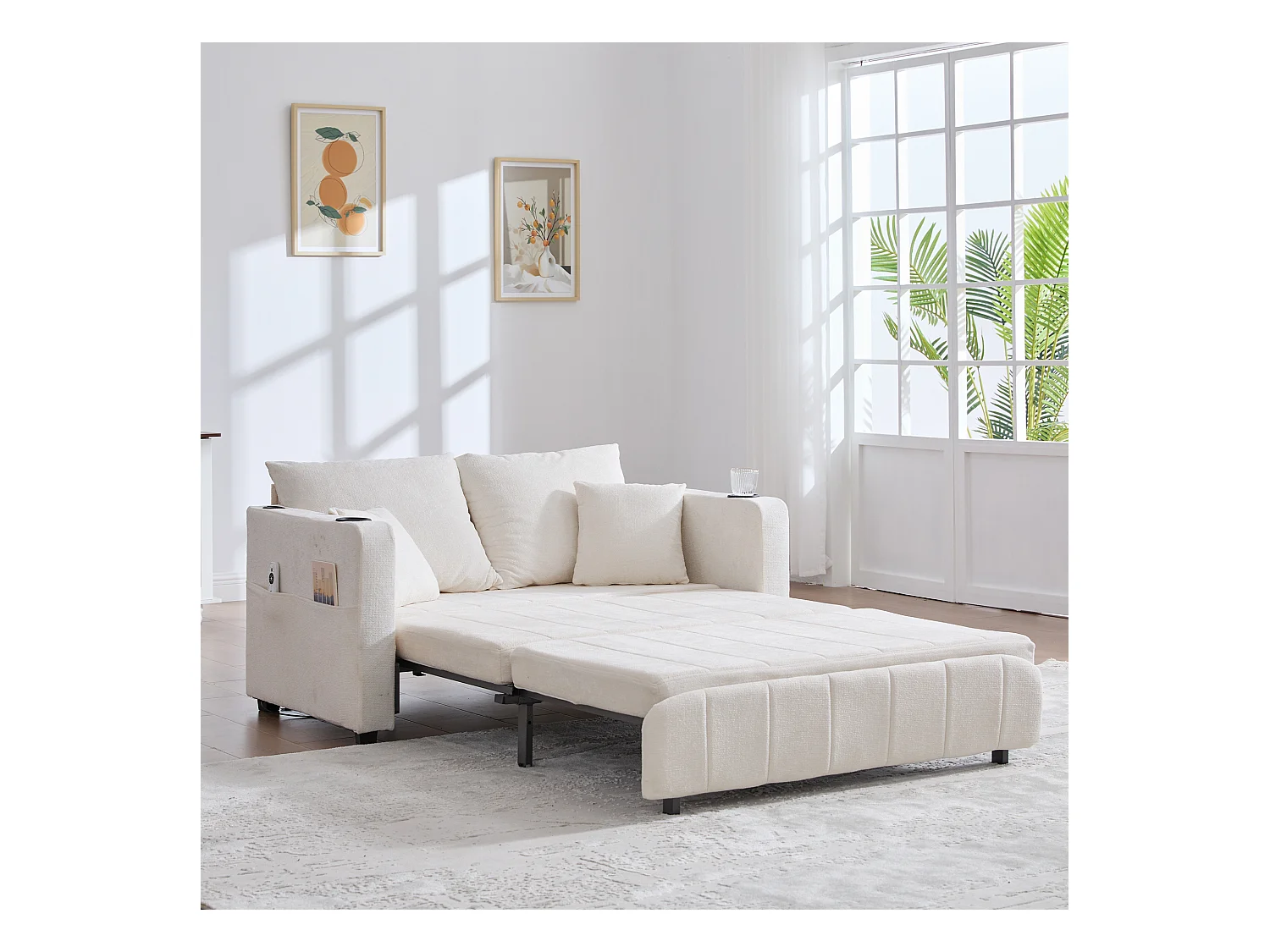 Canapé convertible 2 places en chenille beige - Canapé-lit avec accoudoirs porte-gobelets - port USB intégré - Idéal pour petit espace ou bureau