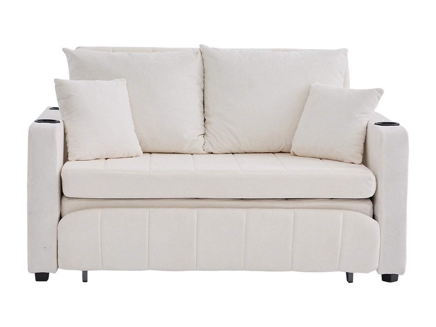 Canapé convertible 2 places en chenille beige - Canapé-lit avec accoudoirs porte-gobelets - port USB intégré - Idéal pour petit espace ou bureau