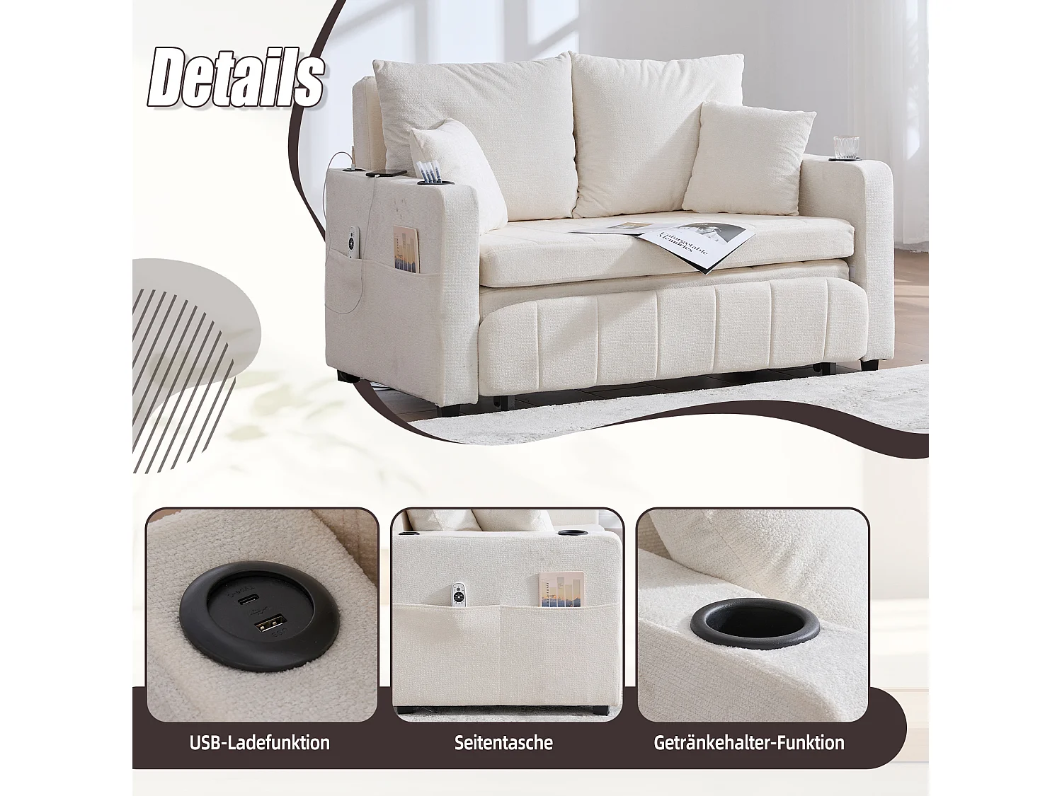 Canapé convertible 2 places en chenille beige - Canapé-lit avec accoudoirs porte-gobelets - port USB intégré - Idéal pour petit espace ou bureau