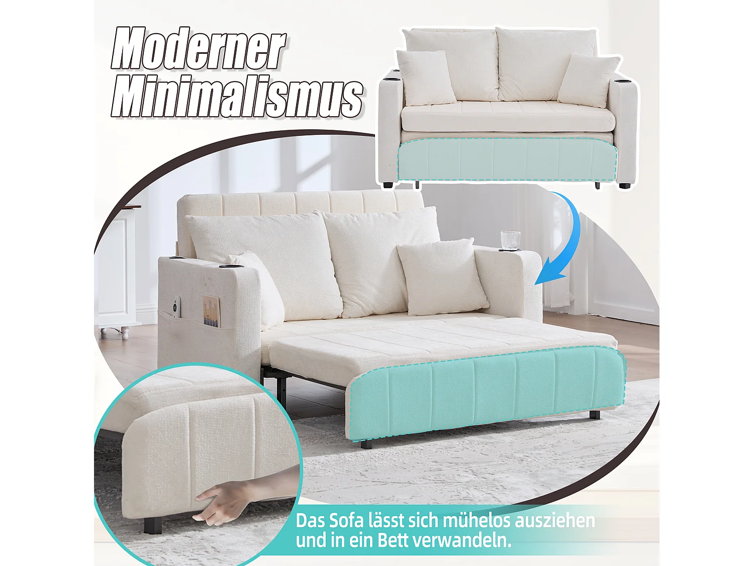 Canapé convertible 2 places en chenille beige - Canapé-lit avec accoudoirs porte-gobelets - port USB intégré - Idéal pour petit espace ou bureau