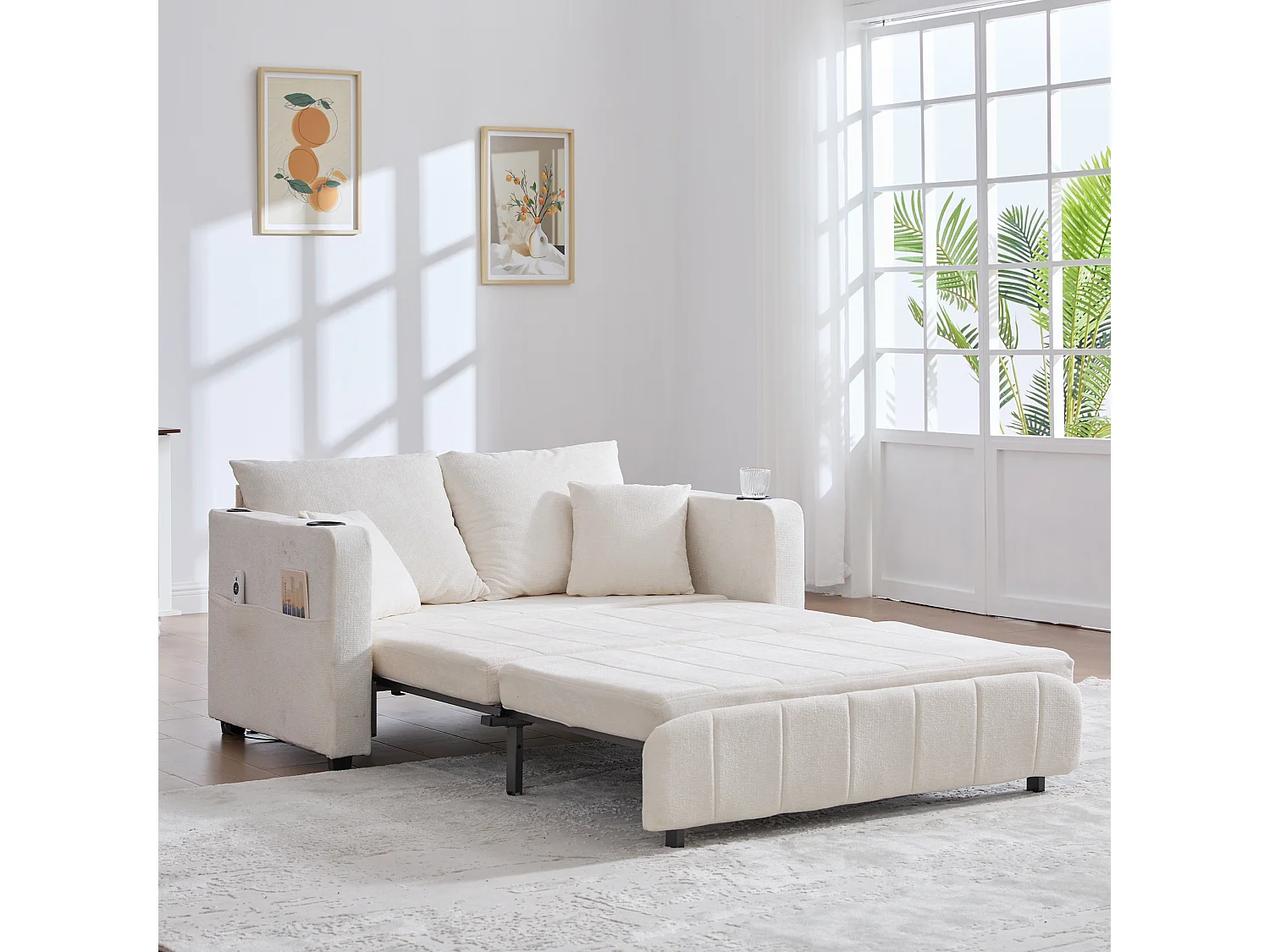 Canapé convertible 2 places en chenille beige - Canapé-lit avec accoudoirs porte-gobelets - port USB intégré - Idéal pour petit espace ou bureau