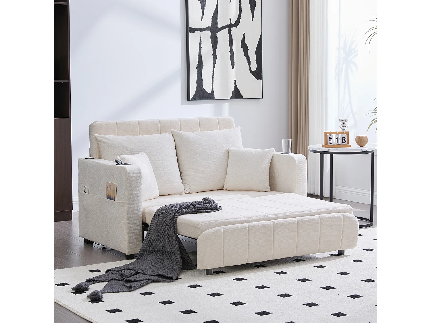 Canapé convertible 2 places en chenille beige - Canapé-lit avec accoudoirs porte-gobelets - port USB intégré - Idéal pour petit espace ou bureau