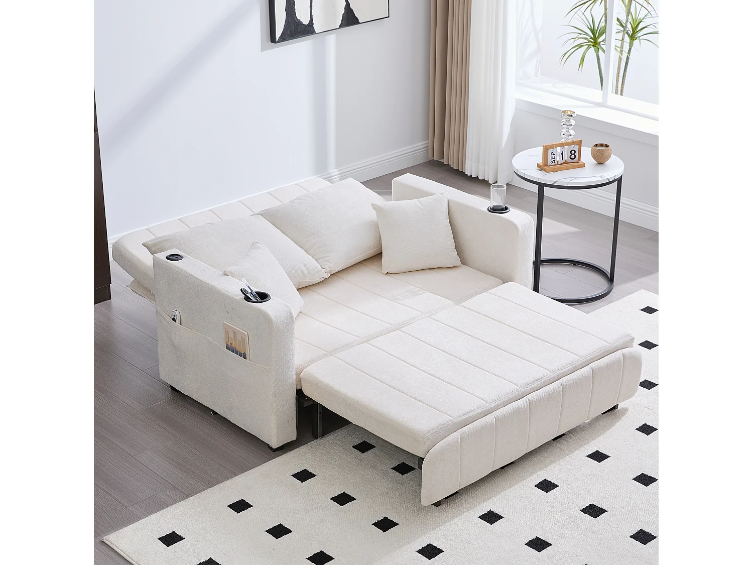 Canapé convertible 2 places en chenille beige - Canapé-lit avec accoudoirs porte-gobelets - port USB intégré - Idéal pour petit espace ou bureau