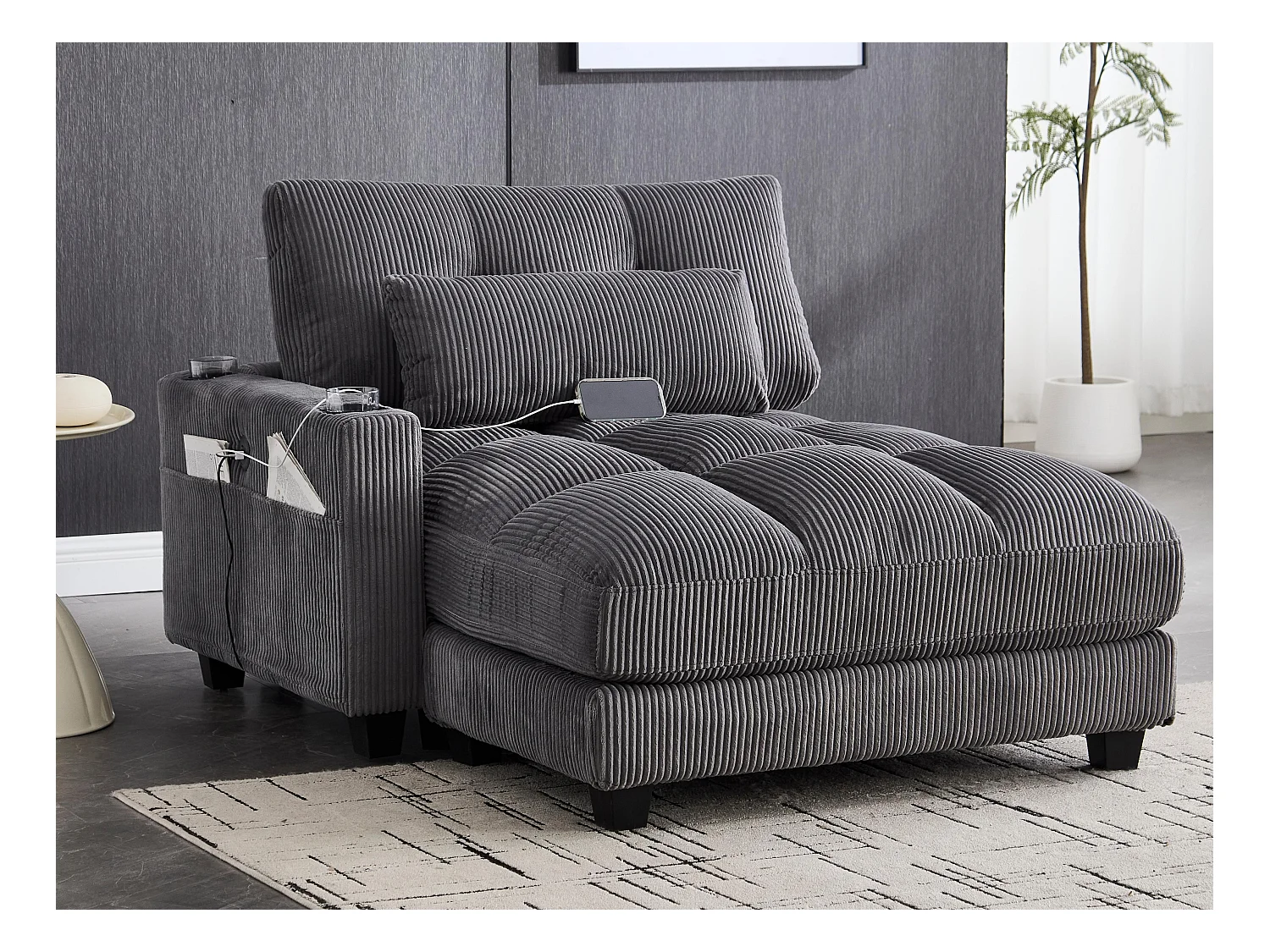 Canapé 1 place convertible en velours  – avec USB et porte‑gobelet – multifonction pour petit espace - 112x140x81cm