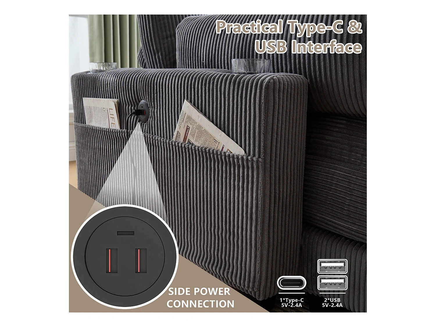 Canapé 1 place convertible en velours  – avec USB et porte‑gobelet – multifonction pour petit espace - 112x140x81cm