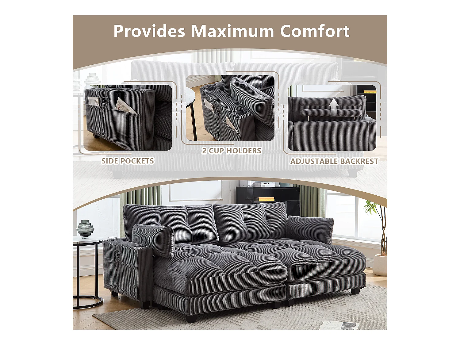 Canapé 1 place convertible en velours  – avec USB et porte‑gobelet – multifonction pour petit espace - 112x140x81cm