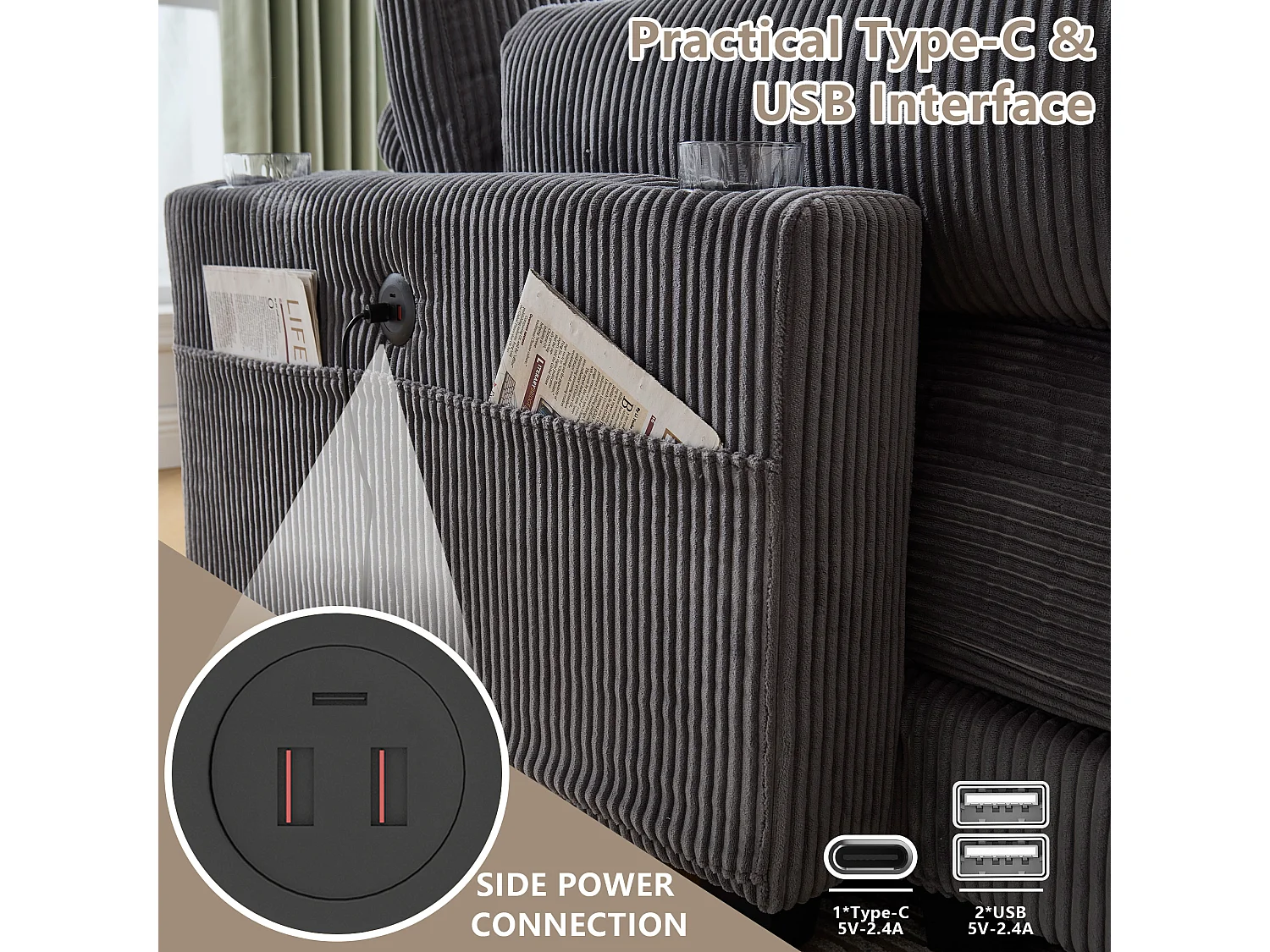 Canapé 1 place modulable en velours  – avec USB et porte‑gobelet – multifonction pour petit espace - 112x140x81cm