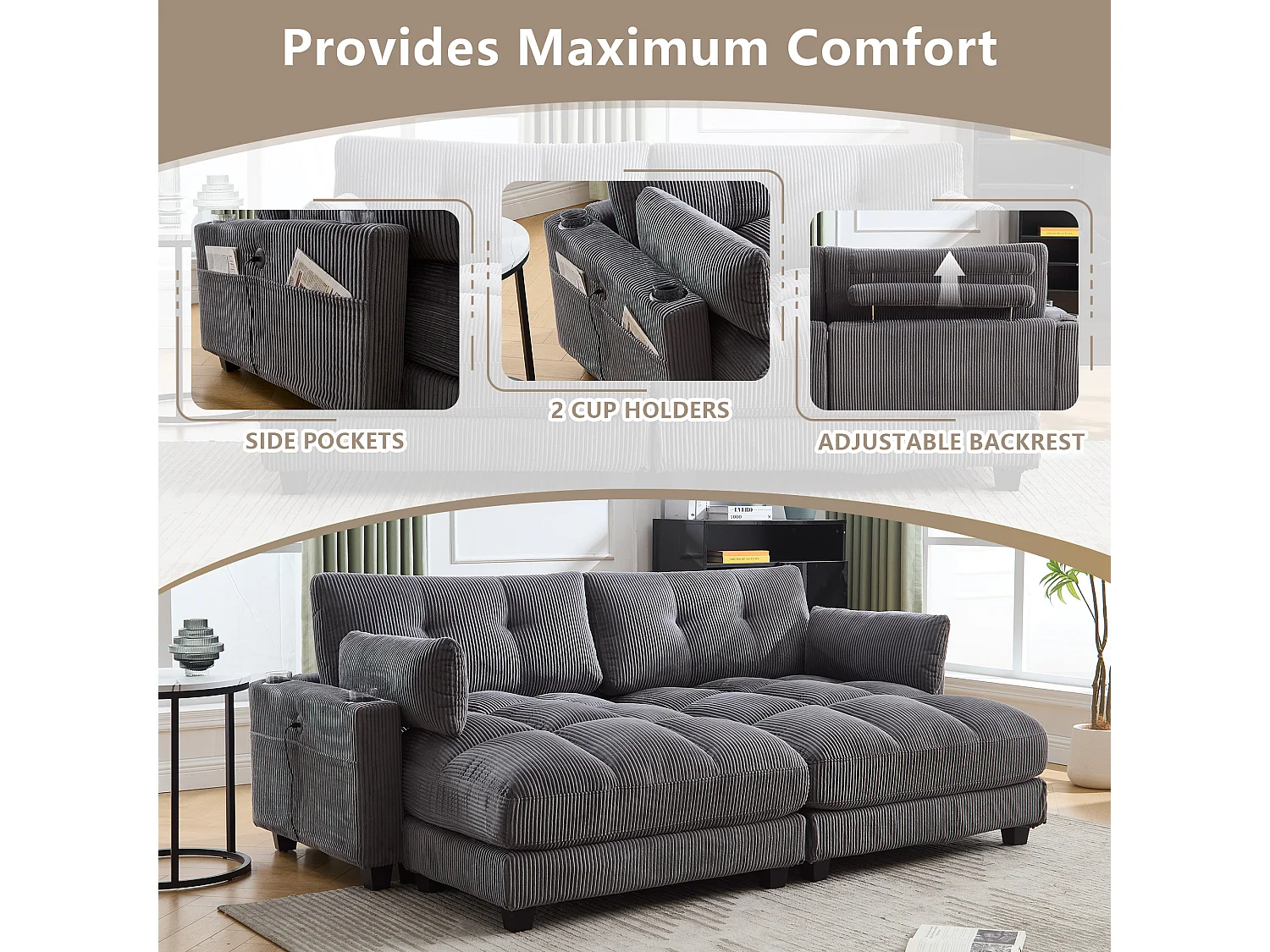 Canapé 1 place modulable en velours  – avec USB et porte‑gobelet – multifonction pour petit espace - 112x140x81cm