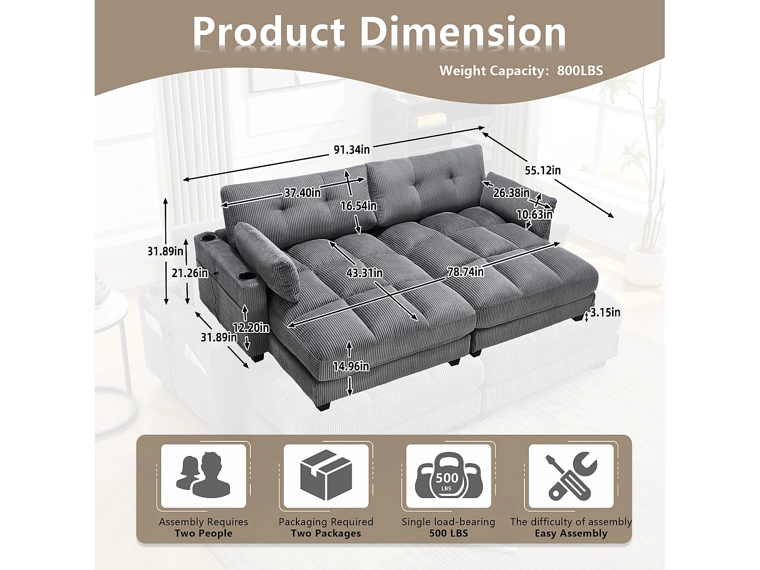 Canapé 1 place modulable en velours  – avec USB et porte‑gobelet – multifonction pour petit espace - 112x140x81cm