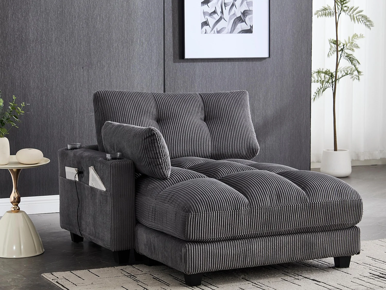 Canapé 1 place modulable en velours  – avec USB et porte‑gobelet – multifonction pour petit espace - 112x140x81cm