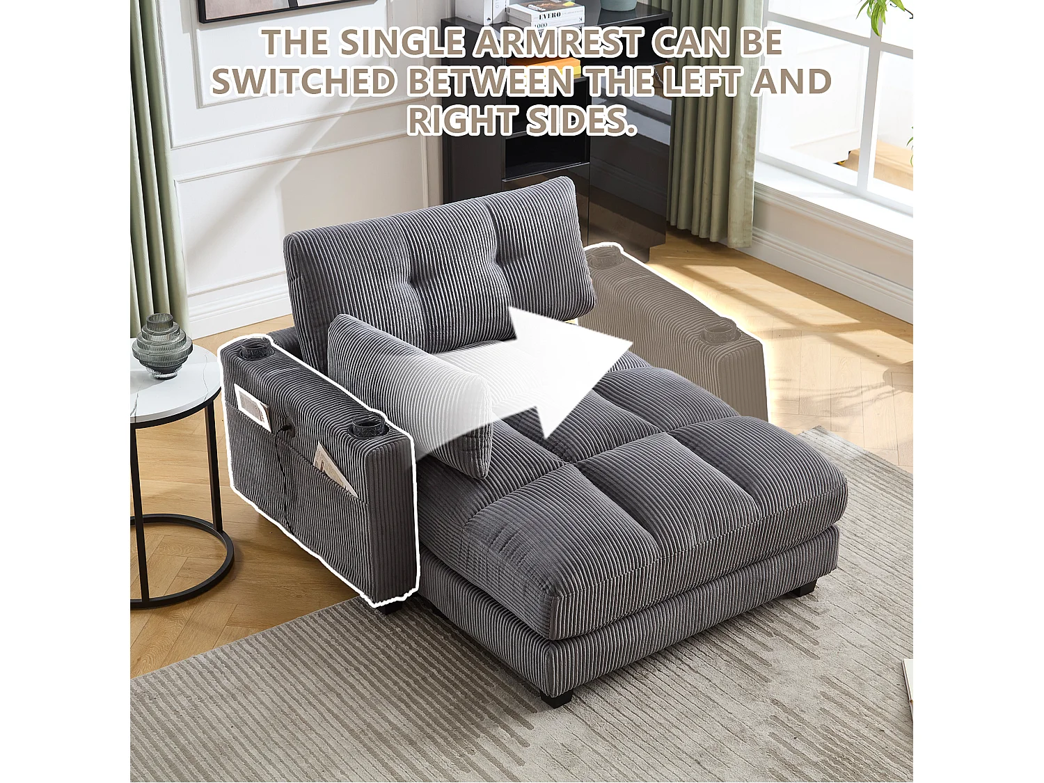 Canapé 1 place modulable en velours  – avec USB et porte‑gobelet – multifonction pour petit espace - 112x140x81cm