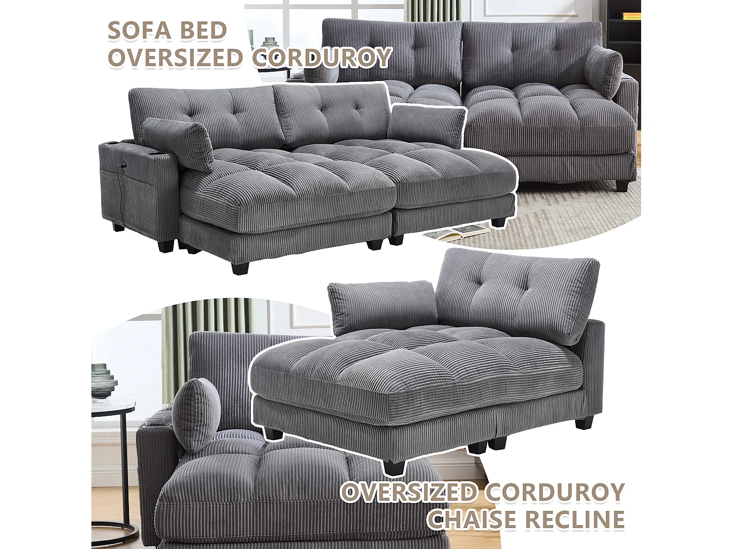 Canapé 1 place modulable en velours  – avec USB et porte‑gobelet – multifonction pour petit espace - 112x140x81cm