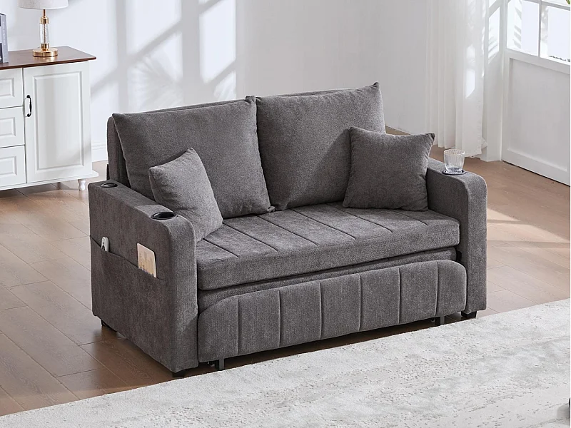 Canapé convertible 2 places en chenille gris - Canapé-lit avec accoudoirs porte-gobelets - port USB intégré - Idéal pour petit espace ou bureau