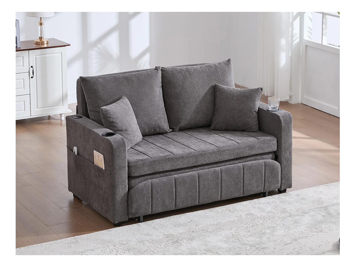 Canapé convertible 2 places en chenille gris - Canapé-lit avec accoudoirs porte-gobelets - port USB intégré - Idéal pour petit espace ou bureau