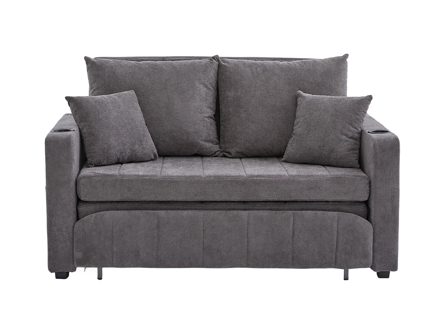 Canapé convertible 2 places en chenille gris - Canapé-lit avec accoudoirs porte-gobelets - port USB intégré - Idéal pour petit espace ou bureau