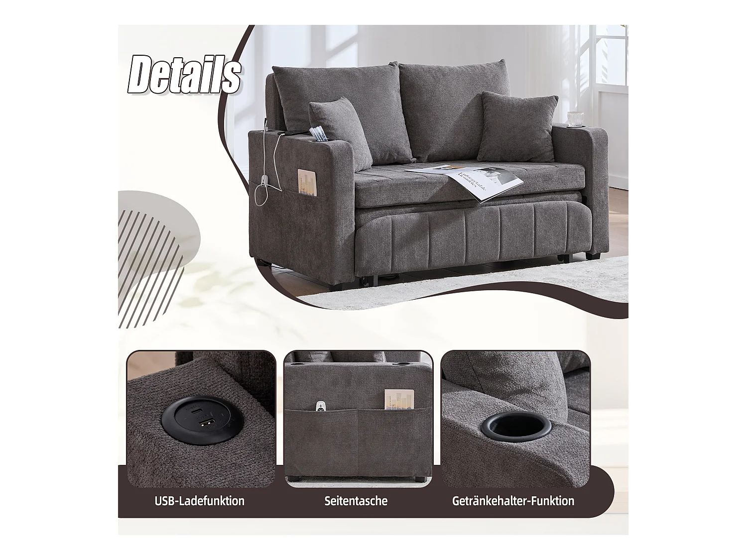Canapé convertible 2 places en chenille gris - Canapé-lit avec accoudoirs porte-gobelets - port USB intégré - Idéal pour petit espace ou bureau