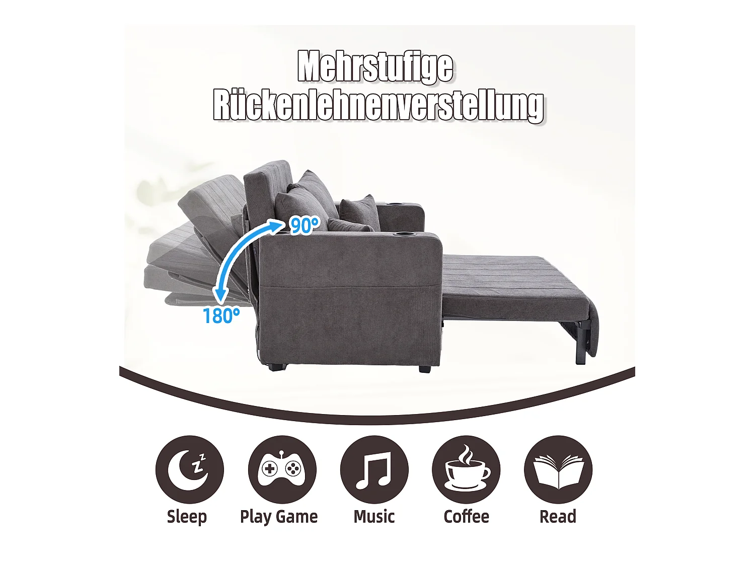 Canapé convertible 2 places en chenille gris - Canapé-lit avec accoudoirs porte-gobelets - port USB intégré - Idéal pour petit espace ou bureau