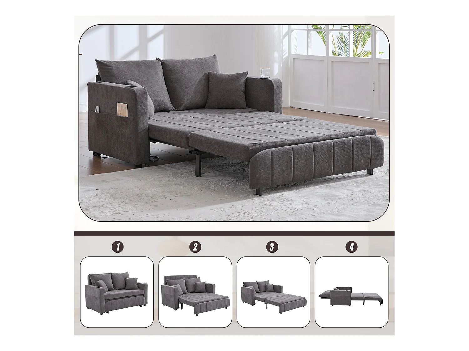 Canapé convertible 2 places en chenille gris - Canapé-lit avec accoudoirs porte-gobelets - port USB intégré - Idéal pour petit espace ou bureau