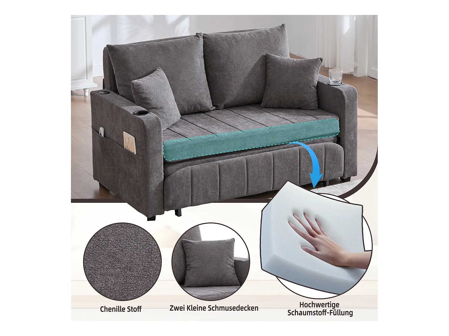 Canapé convertible 2 places en chenille gris - Canapé-lit avec accoudoirs porte-gobelets - port USB intégré - Idéal pour petit espace ou bureau