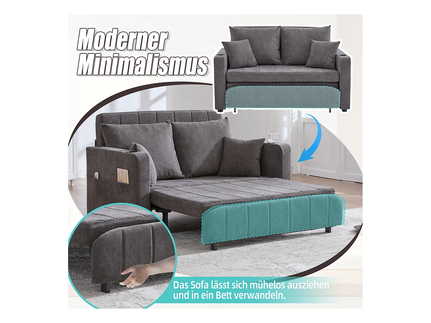 Canapé convertible 2 places en chenille gris - Canapé-lit avec accoudoirs porte-gobelets - port USB intégré - Idéal pour petit espace ou bureau