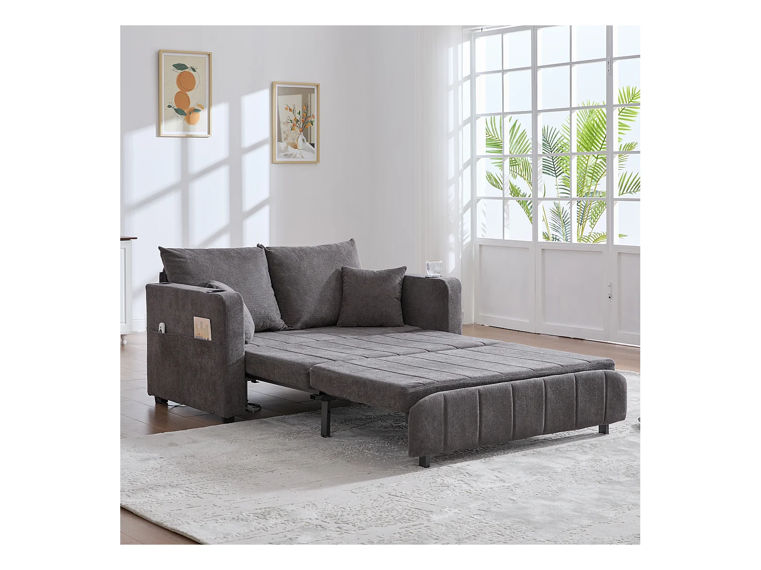 Canapé convertible 2 places en chenille gris - Canapé-lit avec accoudoirs porte-gobelets - port USB intégré - Idéal pour petit espace ou bureau