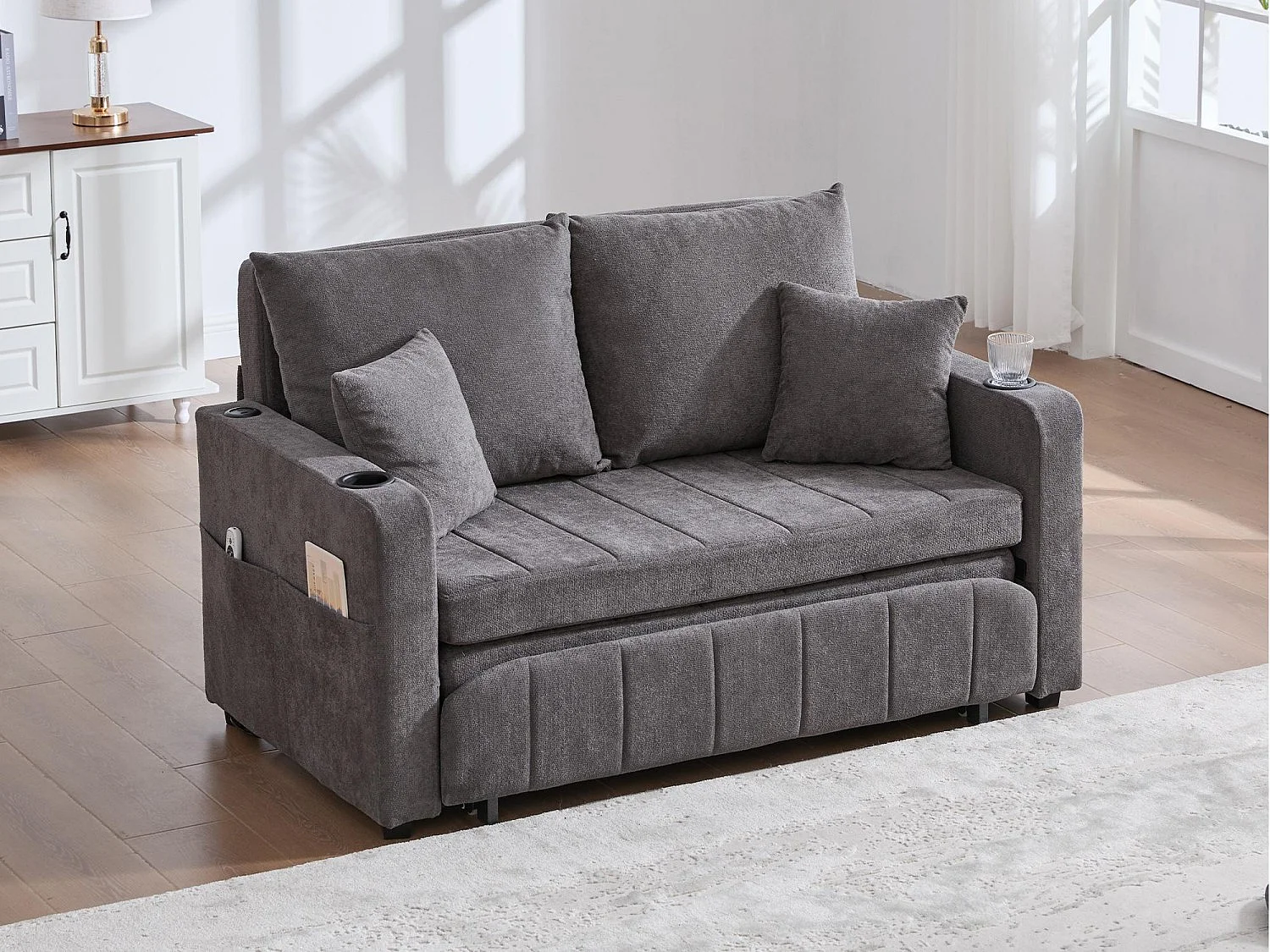 Canapé convertible 2 places en chenille gris - Canapé-lit avec accoudoirs porte-gobelets - port USB intégré - Idéal pour petit espace ou bureau