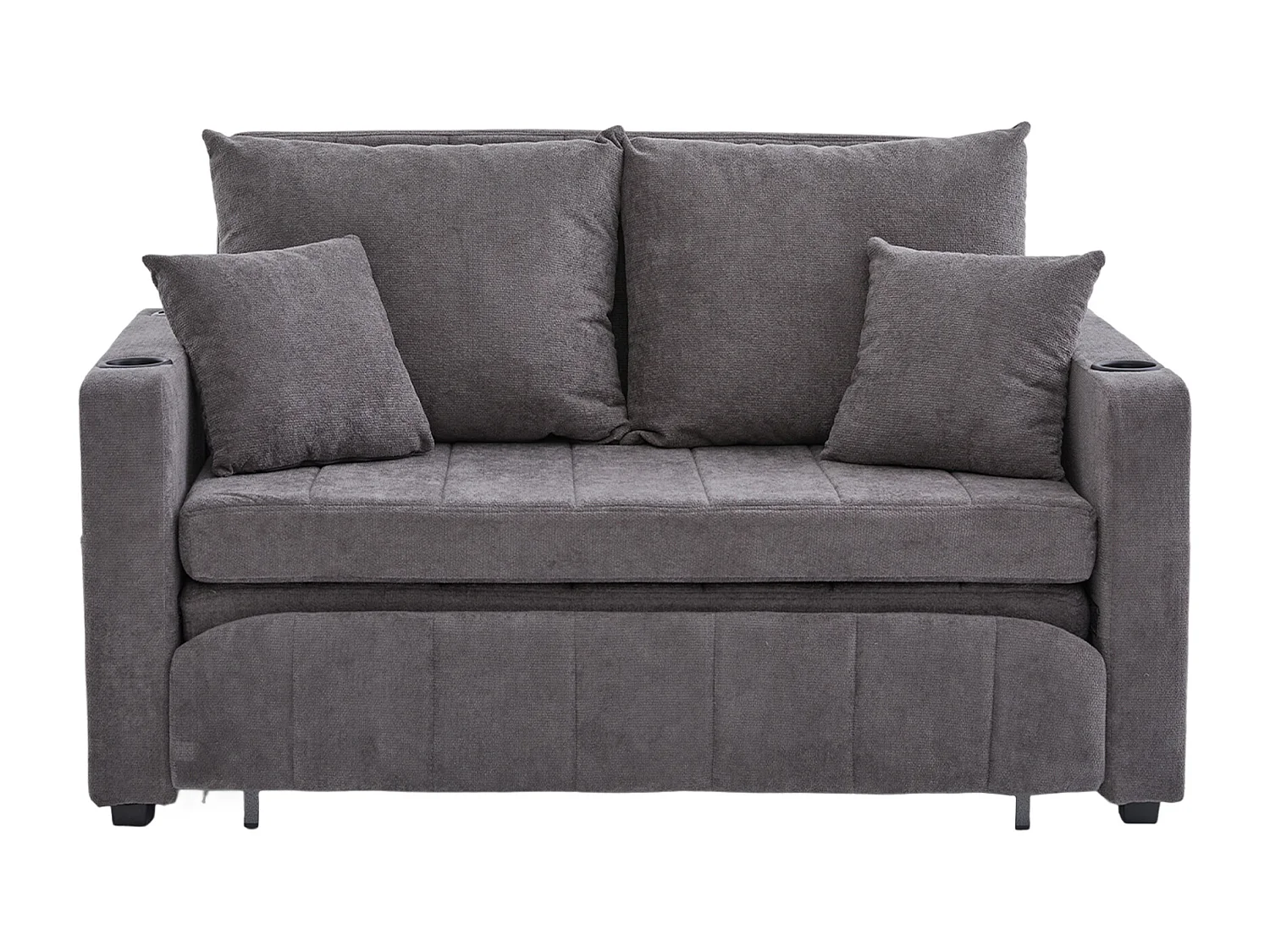 Canapé convertible 2 places en chenille gris - Canapé-lit avec accoudoirs porte-gobelets - port USB intégré - Idéal pour petit espace ou bureau