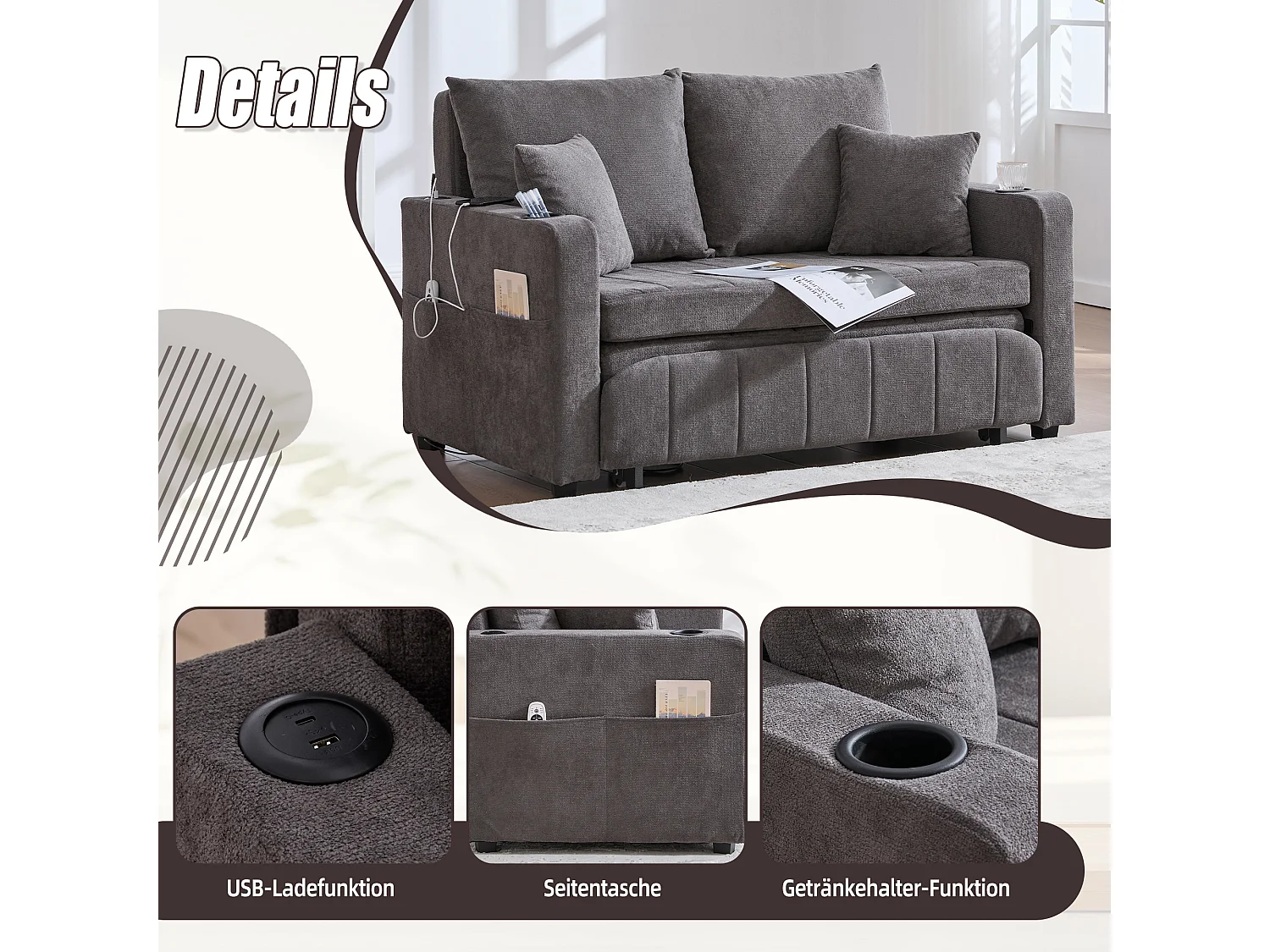 Canapé convertible 2 places en chenille gris - Canapé-lit avec accoudoirs porte-gobelets - port USB intégré - Idéal pour petit espace ou bureau