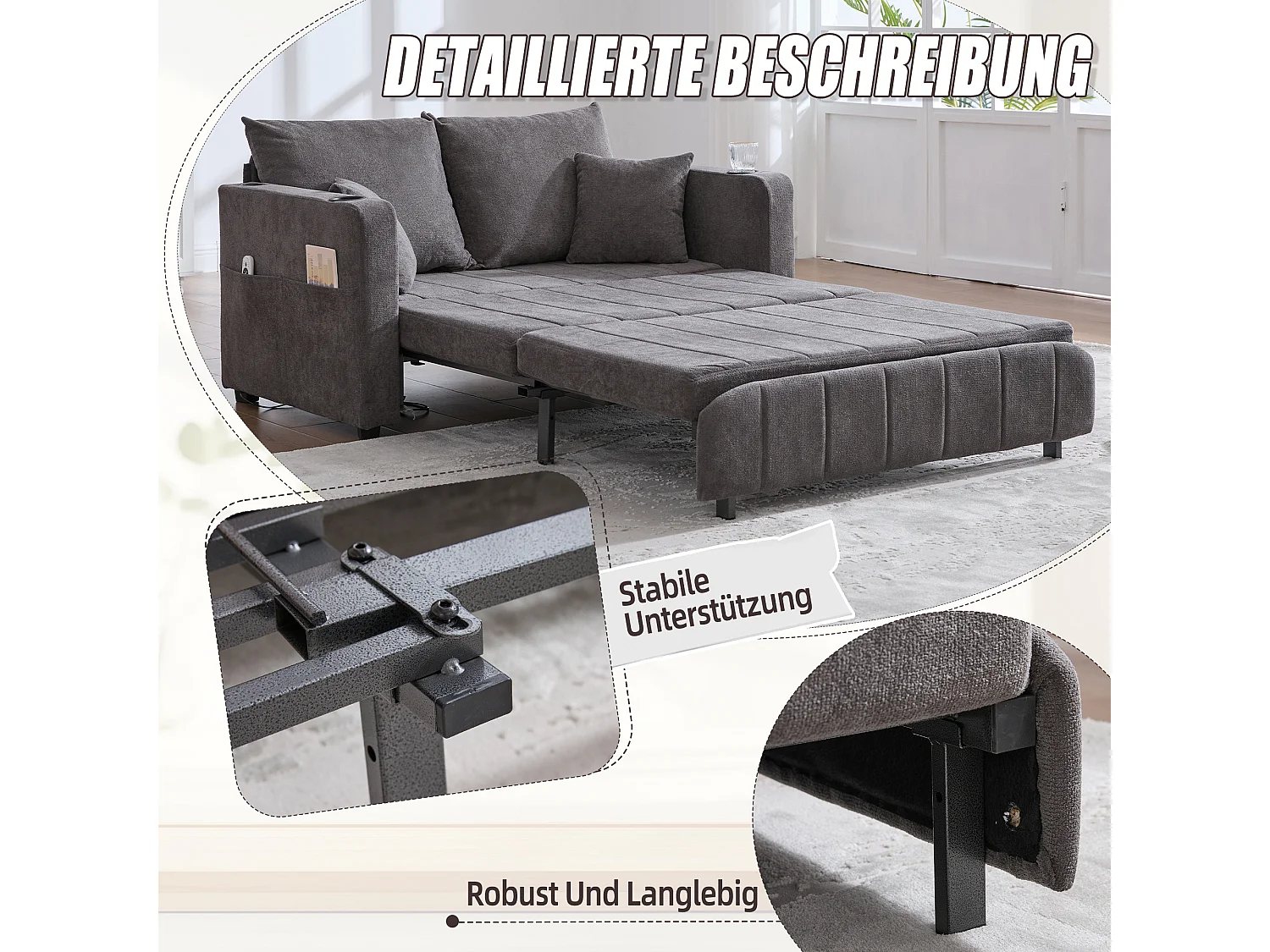 Canapé convertible 2 places en chenille gris - Canapé-lit avec accoudoirs porte-gobelets - port USB intégré - Idéal pour petit espace ou bureau