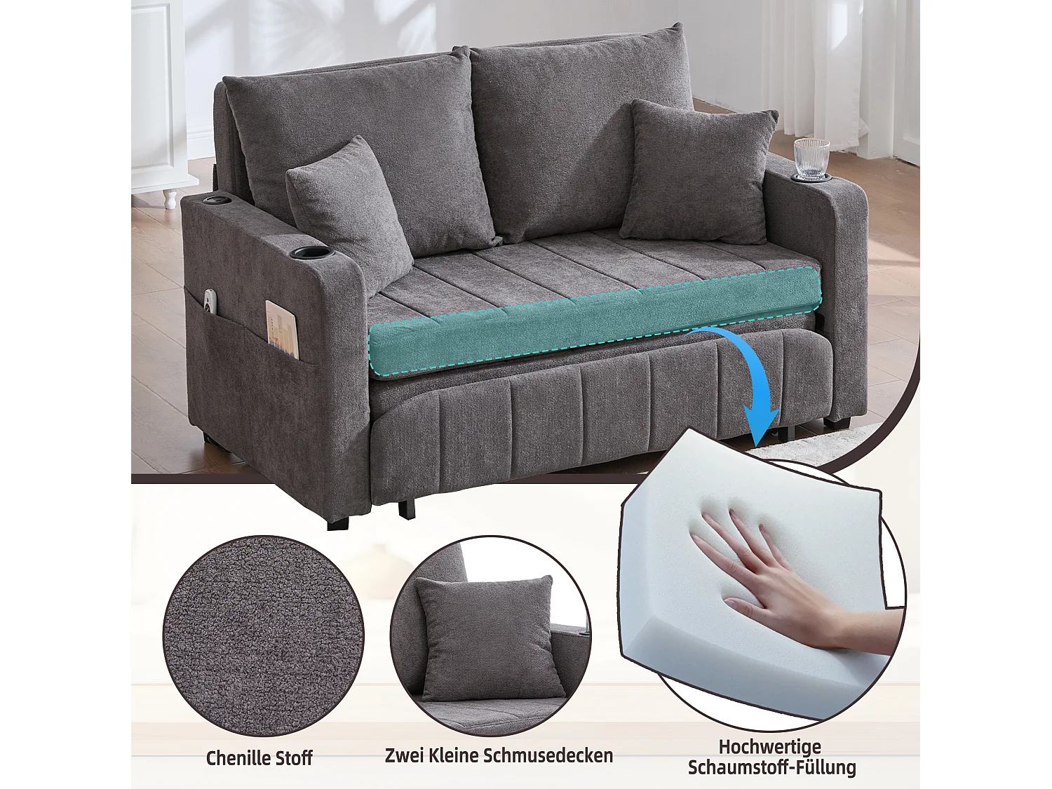 Canapé convertible 2 places en chenille gris - Canapé-lit avec accoudoirs porte-gobelets - port USB intégré - Idéal pour petit espace ou bureau