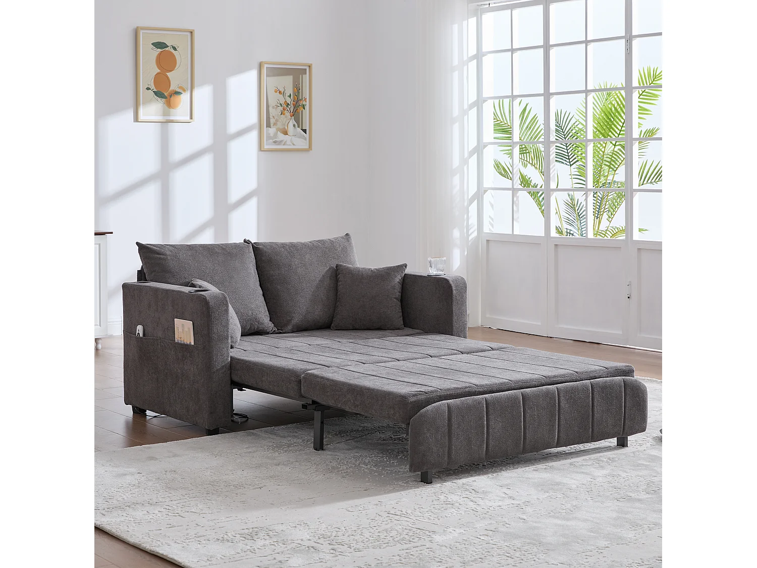 Canapé convertible 2 places en chenille gris - Canapé-lit avec accoudoirs porte-gobelets - port USB intégré - Idéal pour petit espace ou bureau