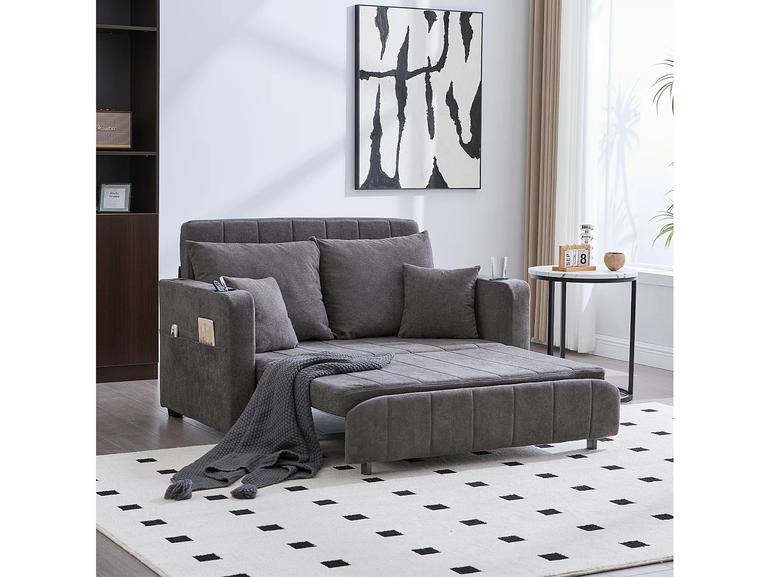 Canapé convertible 2 places en chenille gris - Canapé-lit avec accoudoirs porte-gobelets - port USB intégré - Idéal pour petit espace ou bureau