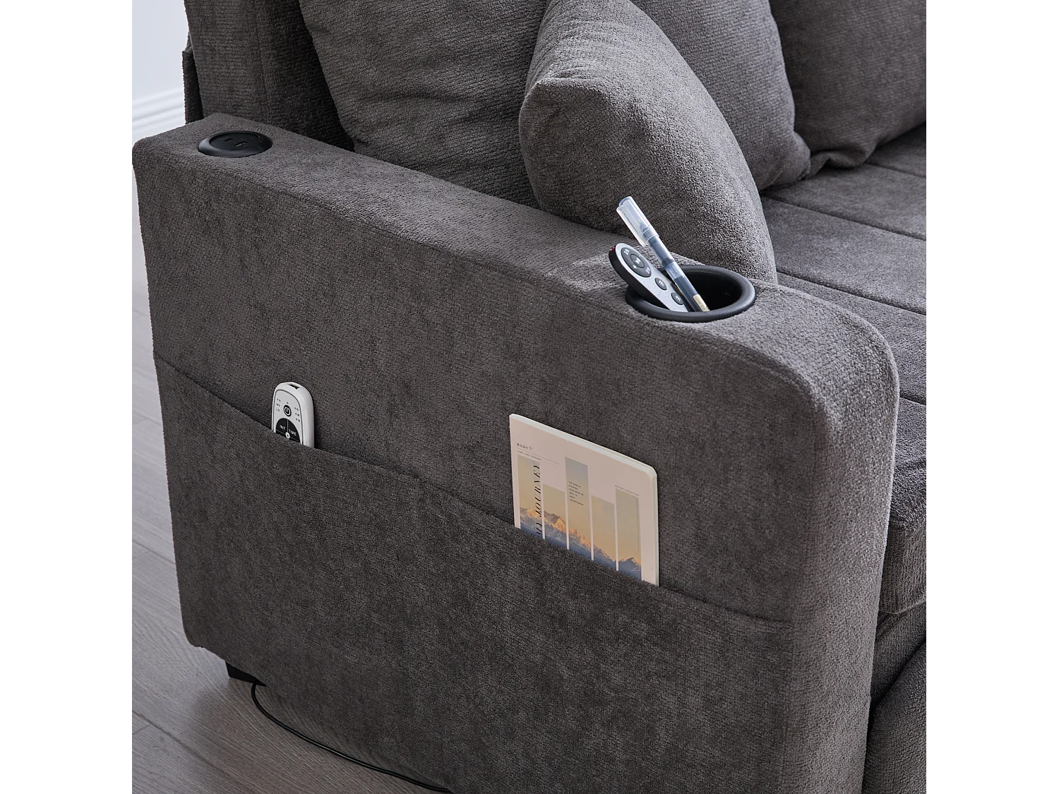 Canapé convertible 2 places en chenille gris - Canapé-lit avec accoudoirs porte-gobelets - port USB intégré - Idéal pour petit espace ou bureau