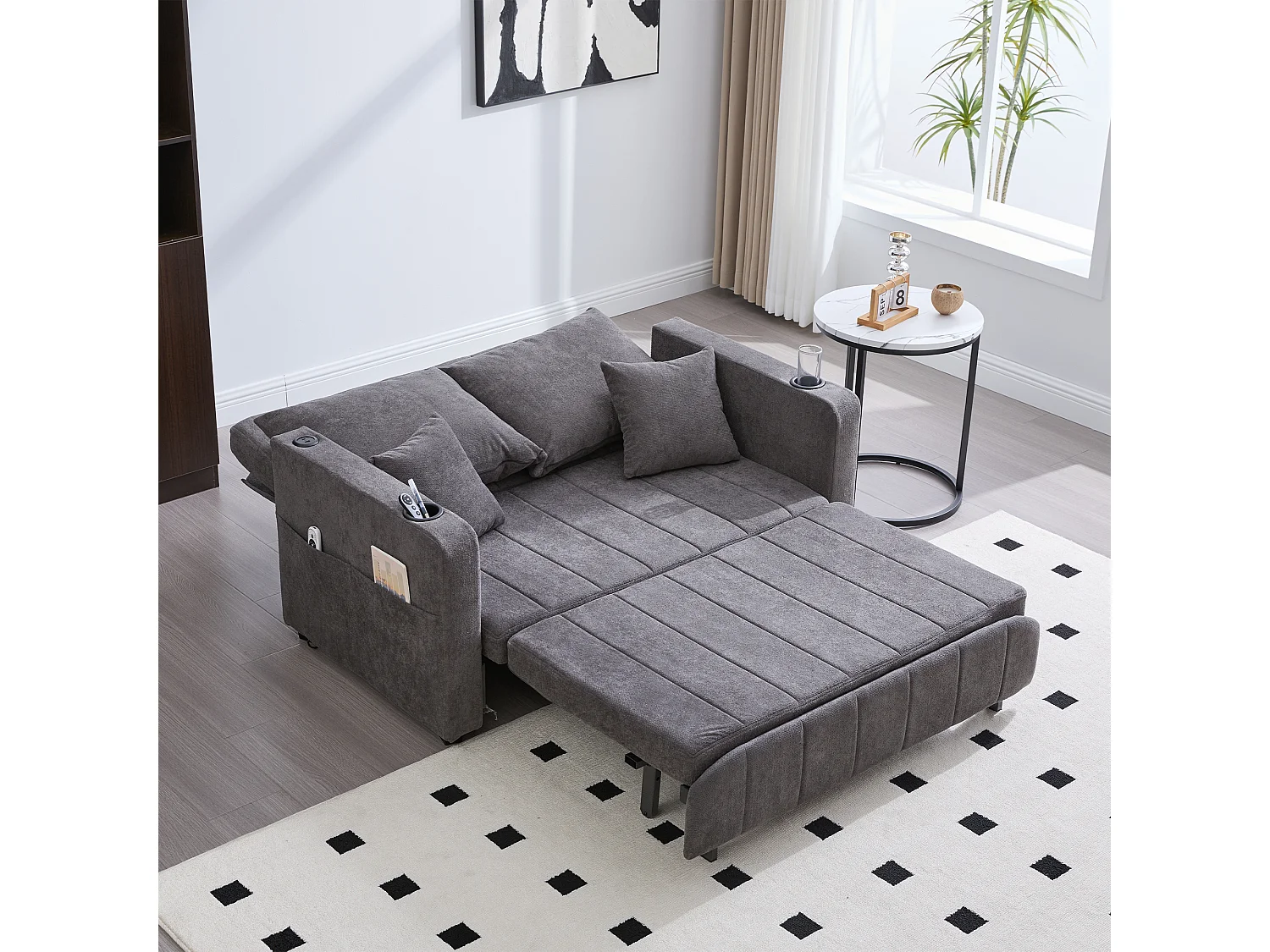 Canapé convertible 2 places en chenille gris - Canapé-lit avec accoudoirs porte-gobelets - port USB intégré - Idéal pour petit espace ou bureau