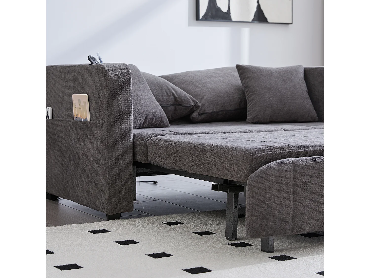 Canapé convertible 2 places en chenille gris - Canapé-lit avec accoudoirs porte-gobelets - port USB intégré - Idéal pour petit espace ou bureau