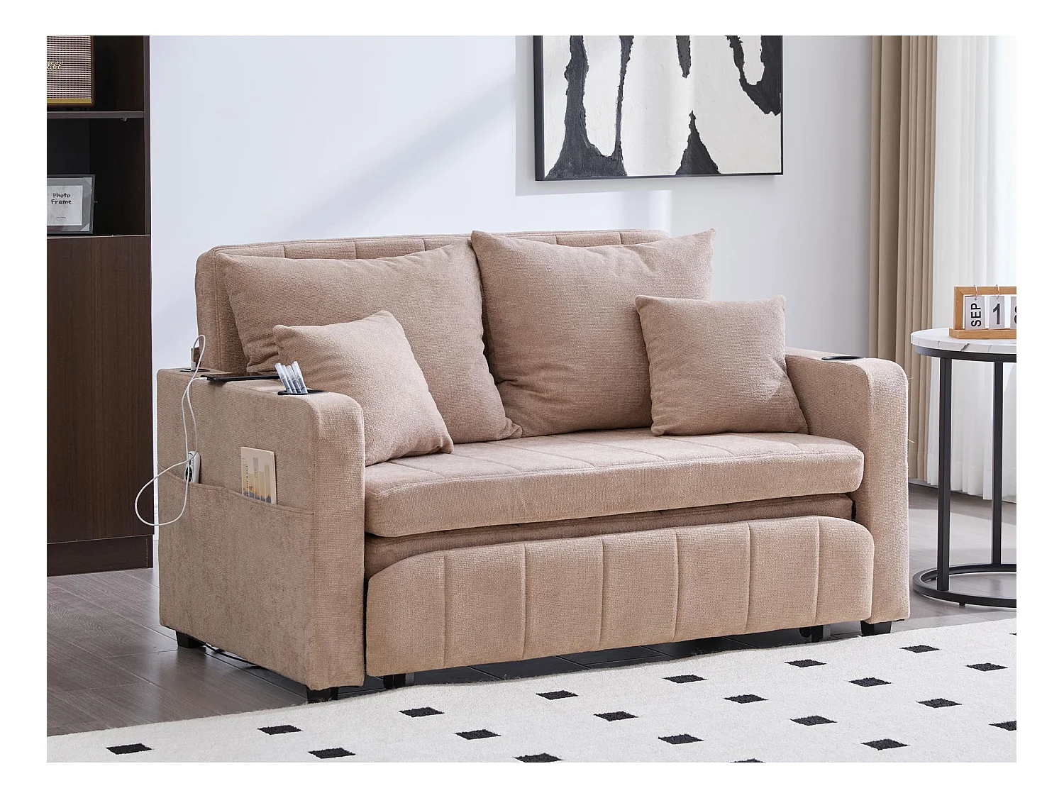 Canapé convertible 2 places en chenille taupe - Canapé-lit avec accoudoirs porte-gobelets - port USB intégré - Idéal pour petit espace ou bureau