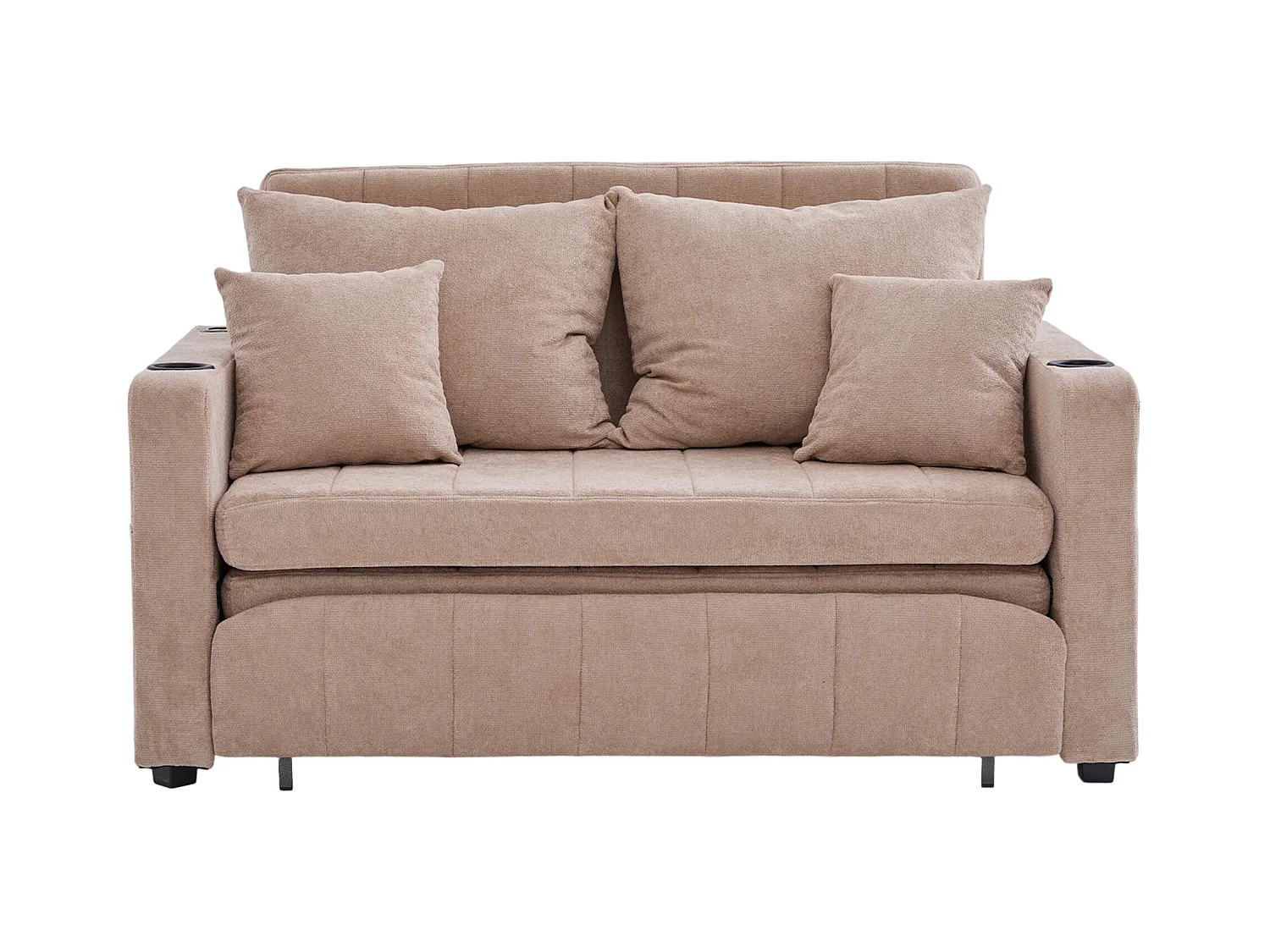 Canapé convertible 2 places en chenille taupe - Canapé-lit avec accoudoirs porte-gobelets - port USB intégré - Idéal pour petit espace ou bureau