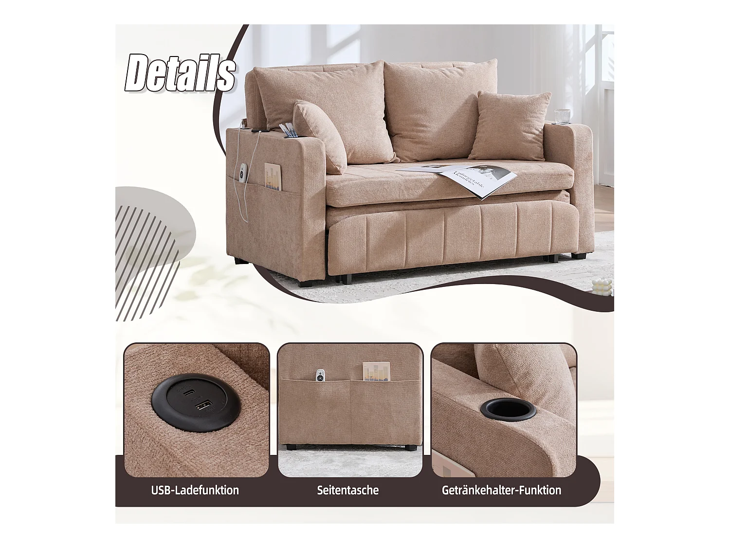 Canapé convertible 2 places en chenille taupe - Canapé-lit avec accoudoirs porte-gobelets - port USB intégré - Idéal pour petit espace ou bureau
