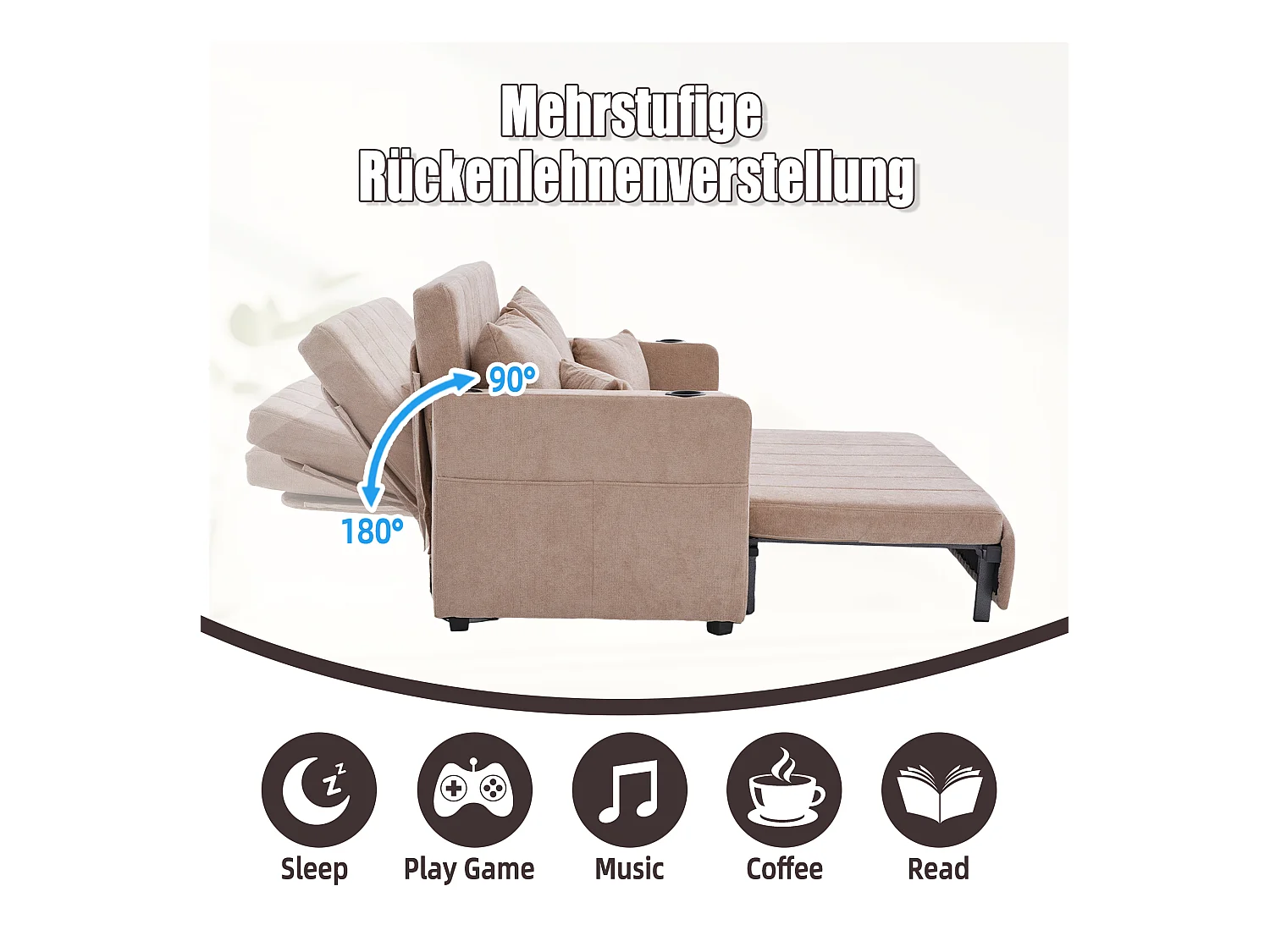 Canapé convertible 2 places en chenille taupe - Canapé-lit avec accoudoirs porte-gobelets - port USB intégré - Idéal pour petit espace ou bureau