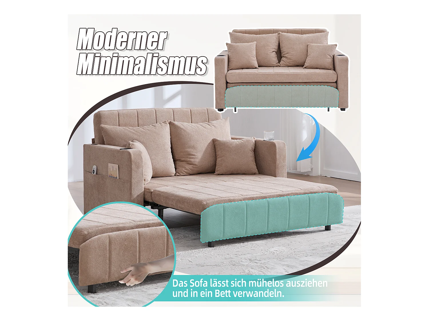 Canapé convertible 2 places en chenille taupe - Canapé-lit avec accoudoirs porte-gobelets - port USB intégré - Idéal pour petit espace ou bureau