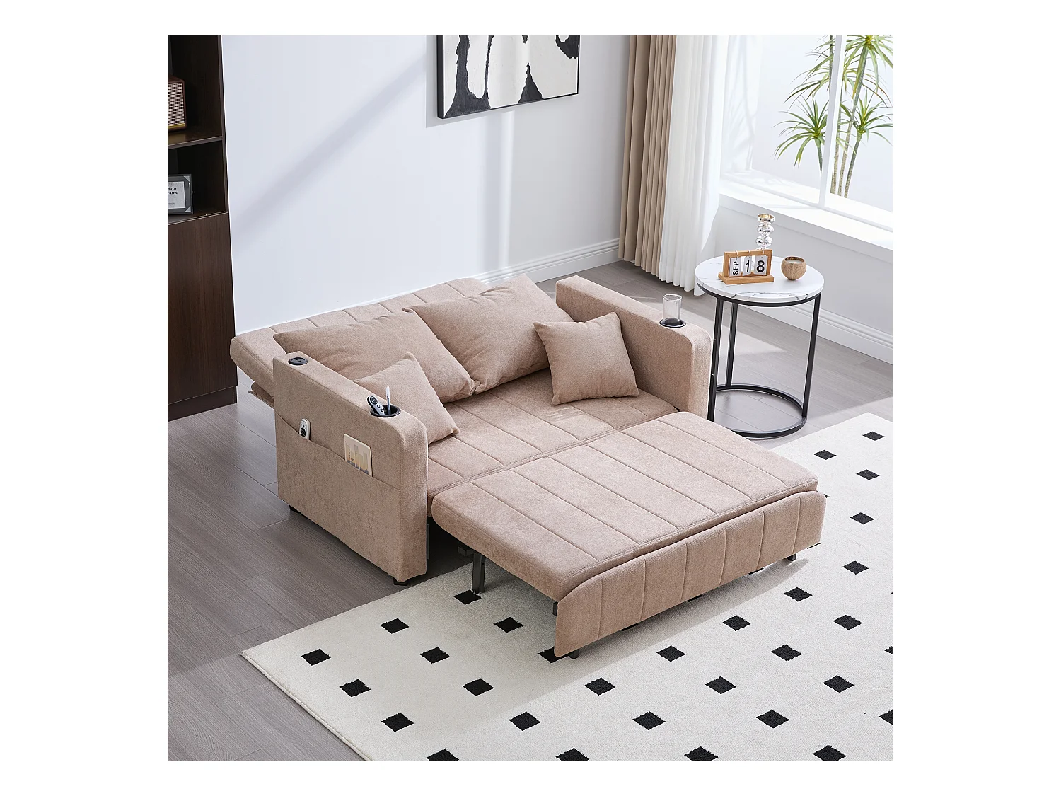 Canapé convertible 2 places en chenille taupe - Canapé-lit avec accoudoirs porte-gobelets - port USB intégré - Idéal pour petit espace ou bureau