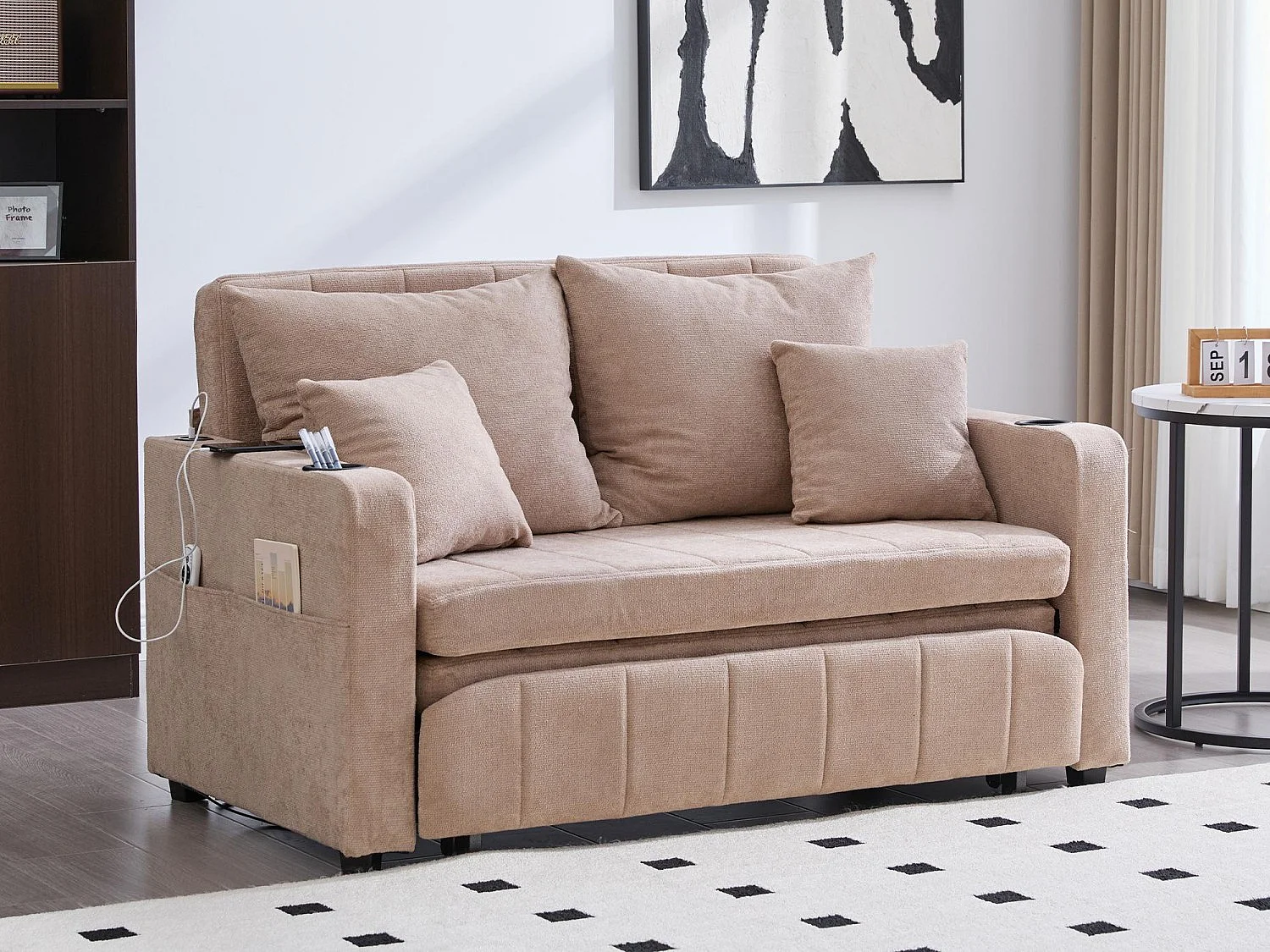 Canapé convertible 2 places en chenille taupe - Canapé-lit avec accoudoirs porte-gobelets - port USB intégré - Idéal pour petit espace ou bureau